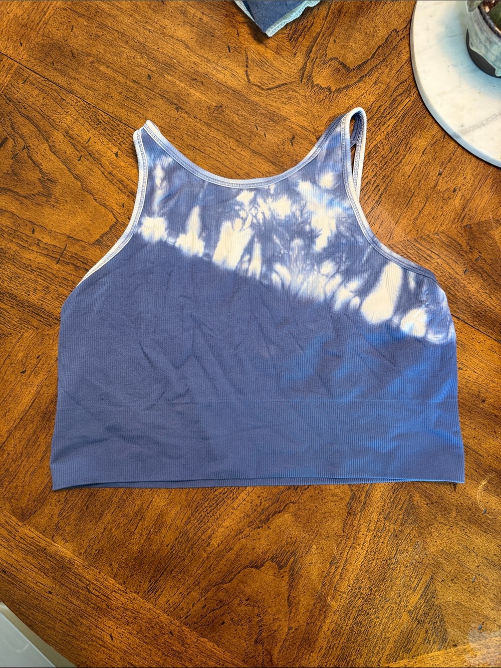 Athleta Blue and White Tie-Dye aurora Rib Crop Tank
